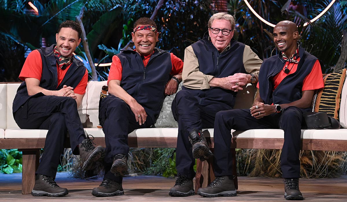 Adam Thomas, Craig Charles, Harry Redknapp and Mo Farah on the I'm A Celebrity... Get Me Out Of Here! South Africa Live Final. Pic: Jonathan Hordle/ITV/Shutterstock