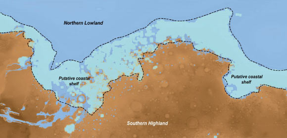 Illustration taken from orbiter data identifying the coastal shelf region on Mars; analogous features on Earth are signatures of our global oceans, and only form over long periods of time. Image credit: A. Zaki.