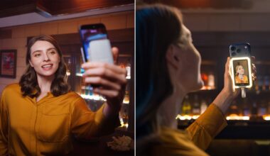 A woman in a yellow shirt smiles and takes a selfie in a bar. The split image shows her holding a smartphone; the second view displays her smiling photo on the phone screen. Bottles and snacks are visible in the background.