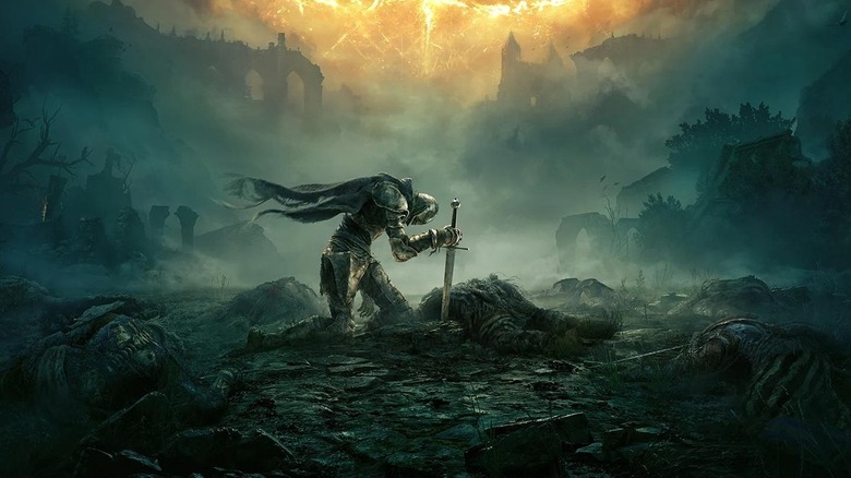 Roundtable Knight Vyke striking his sword into the ground on the cover art for Elden Ring
