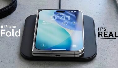 Factory line image showing early iPhone Fold trial production units moving through assembly and inspection stations.