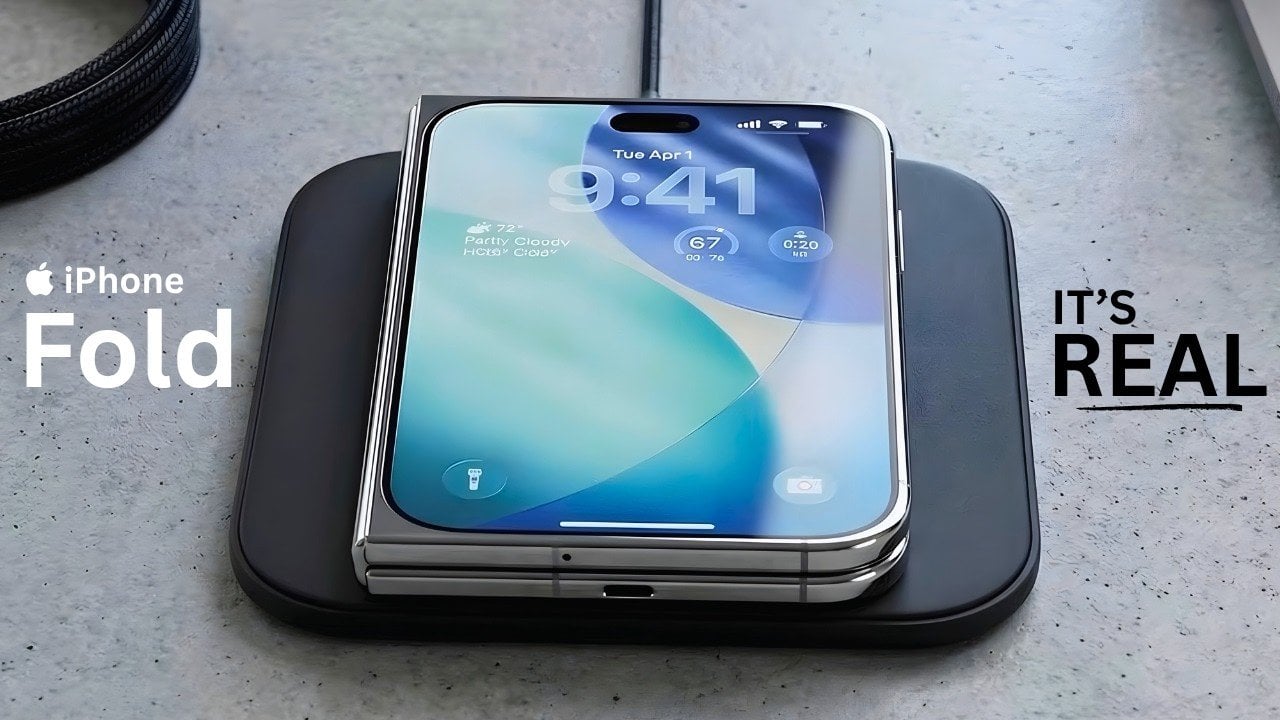 Factory line image showing early iPhone Fold trial production units moving through assembly and inspection stations.