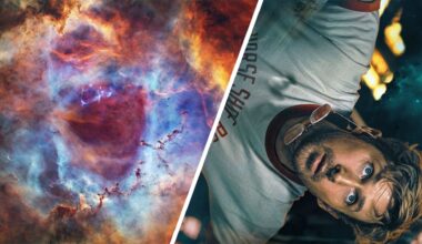 A two-panel image with a nebula colorful deep space nebula astrophoto on the left and a scene from the movie 'Project Hail Mary' featuring Ryan Gosling on the right with a white divide.