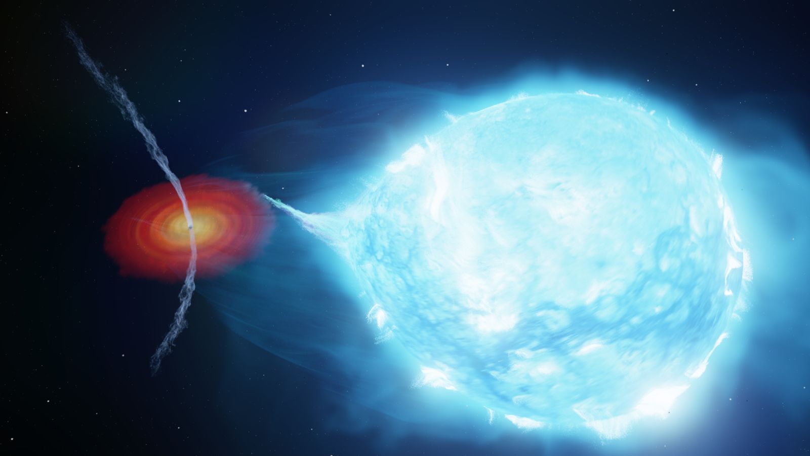 Illustration of a black hole with bent jets pulling stellar material away from a giant blue star