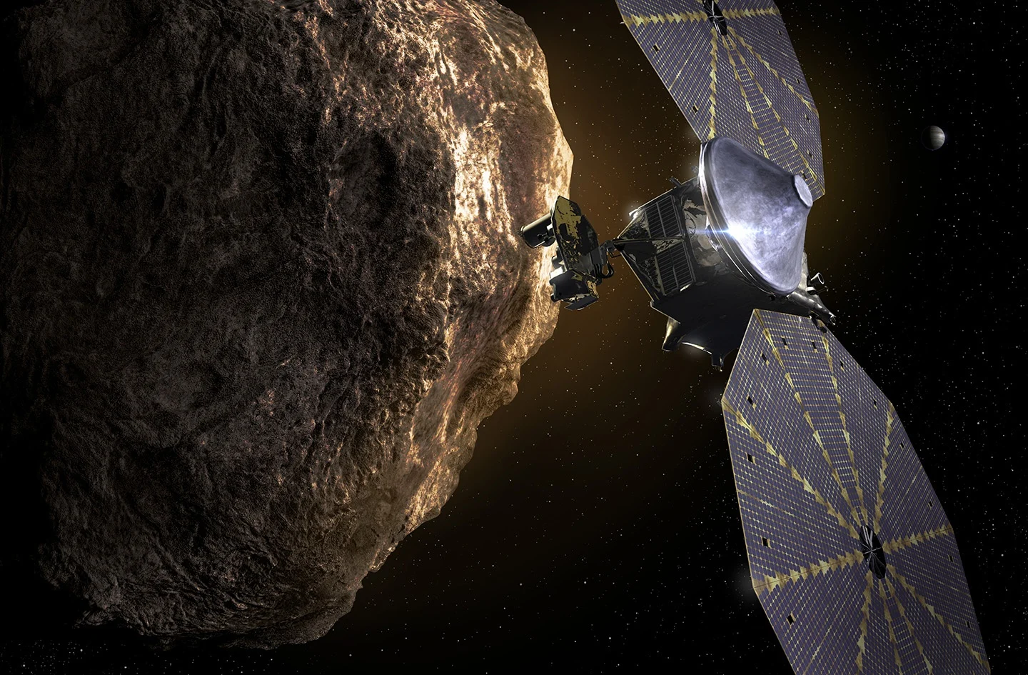 Concept art of Lucy visiting a Trojan asteroid. Credit - NASA / Goddard Spaceflight Center / SwRI