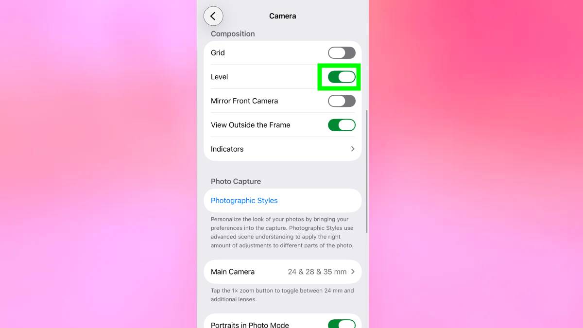 Camera level toggled on iPhone