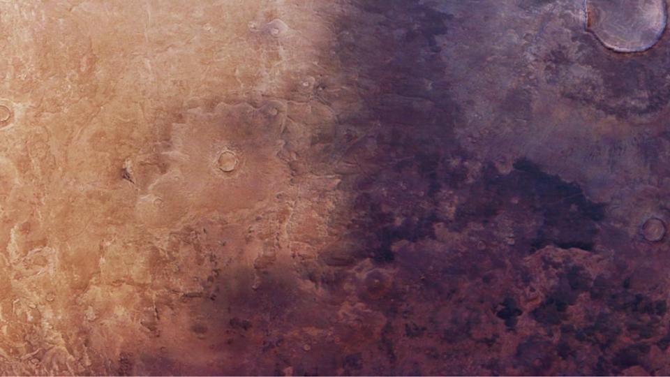 An image of a section in Mars' Utopia Planitia showing tan sand on the left side and dark, purplish ash covering the land on the right, creating a stark contrast