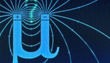 diagram showing greek letter symbolizing the muon, with lines of magnetic force radiating outwards
