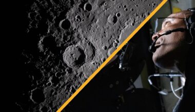 A composite of two images, the one on the left being a close up of the moon's gray, cratered surface and the right showing a man wearing glasses looking out a window to the left of the image
