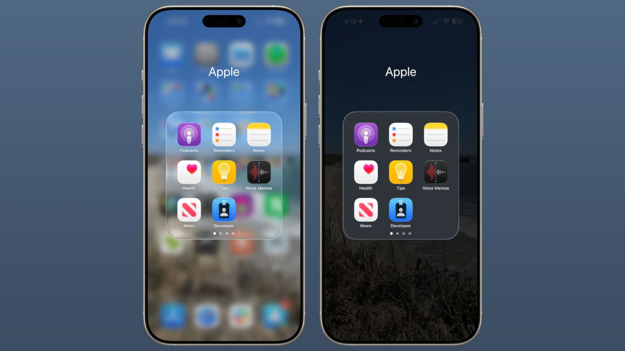 iOS 26 app folder with reduce transparency on and off