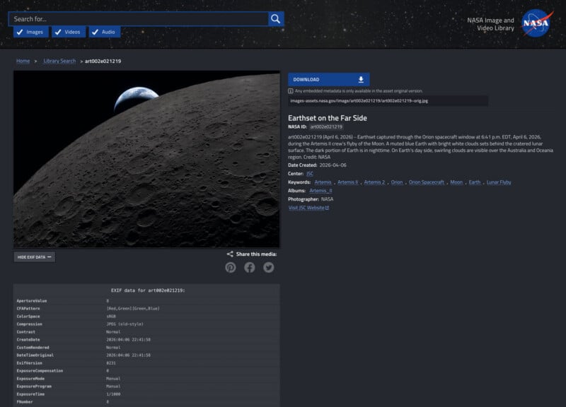 A NASA website page displays a detailed image of the Moon’s far side, with a dark, cratered surface in the foreground and space in the background. The page includes descriptive text and technical details about the image.