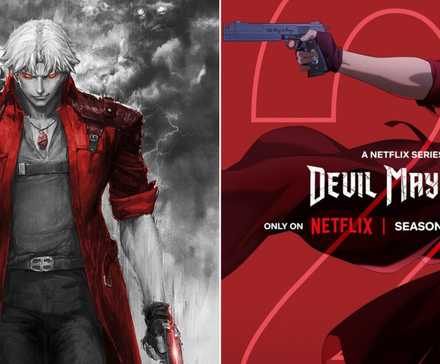 A collage of posters from the Devil May Cry Netflix show: Season 1 (Left) and Season 2 (Right)