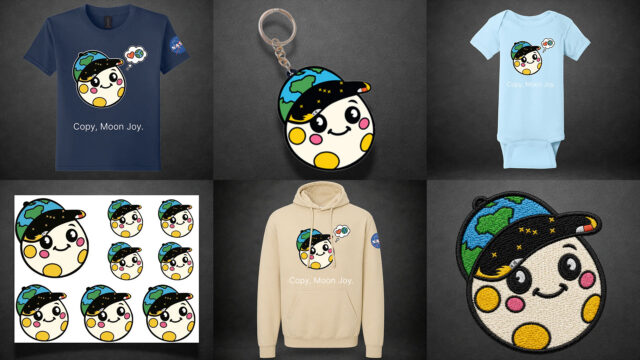 a montage of several images of apparel and accessories bearing the same artwork of an anthropomorphized moon.