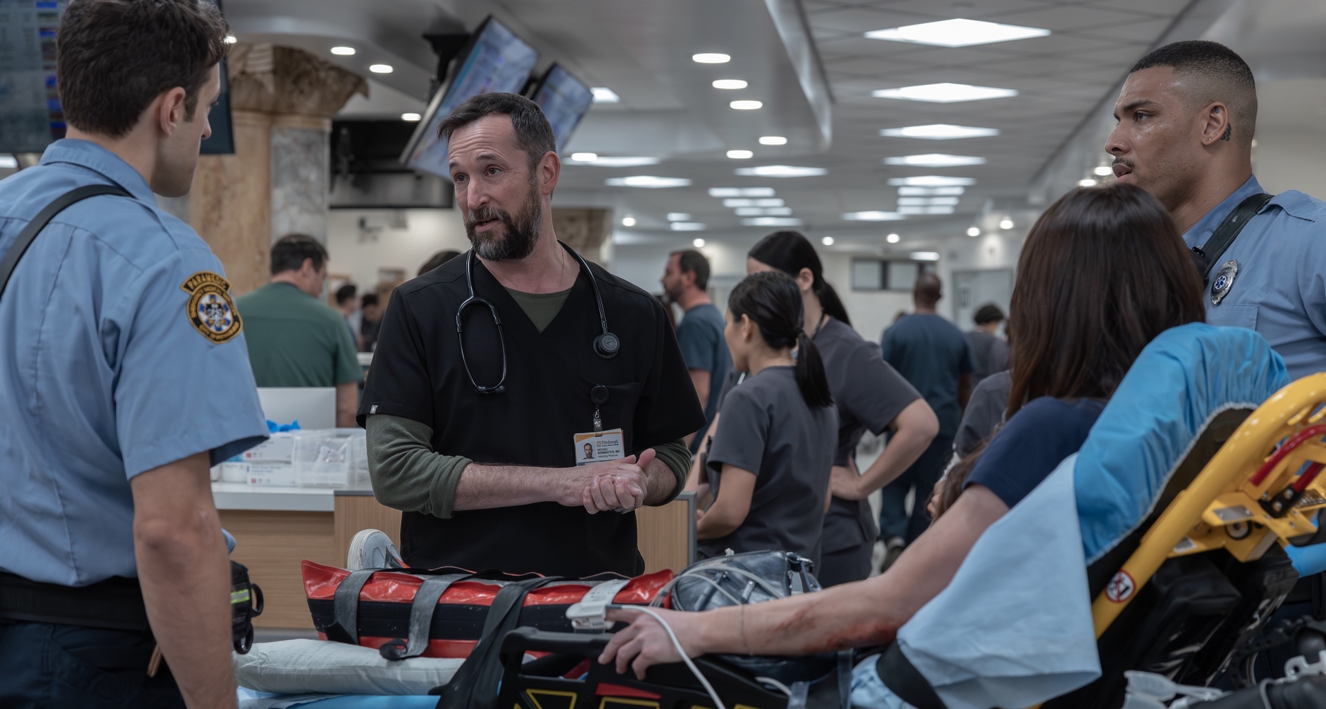 The Pitt. Robby lays into the Medics. Al-Hashimi asks for Robby's opinion. (Warrick Page/HBOMAX)
