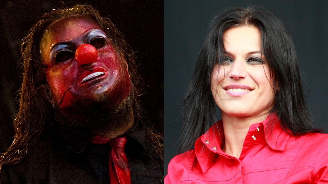 Clown onstage with Slipknot in 2009 and Cristina Scabbia onstage with Lacuna Coil in 2009