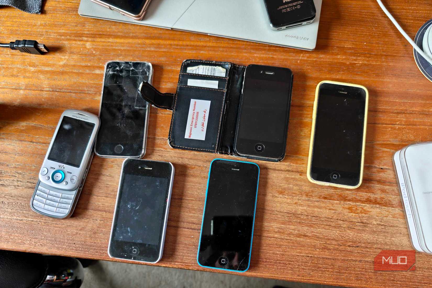 old smartphones on desk.