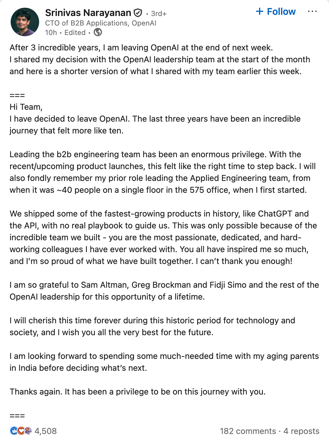 OpenAI exec Srinivas Narayanan's LinkedIn post about leaving the company