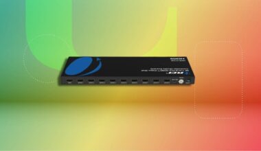 Black HDMI video wall controller box on CNET background