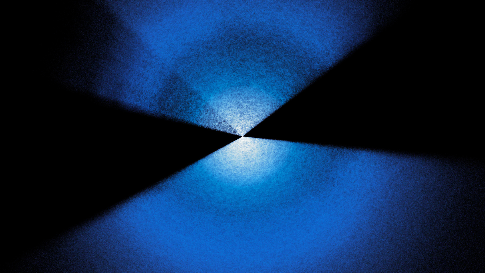 A black and blue abstract-looking image with deep blue gradients and black triangular shapes intersecting at a glowing central point.