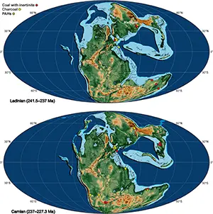 Palaeogeographical distribution of published palaeo-wildfire Triassic records for the Ladinian–Carnian interval. The upper map displays Anisian–Ladinian, Ladinian, and Ladinian–Carnian occurrences, while the lower map illustrates Carnian and Carnian–Norian ones. Credit: Mollweide projections from Scotese et al. (2024).