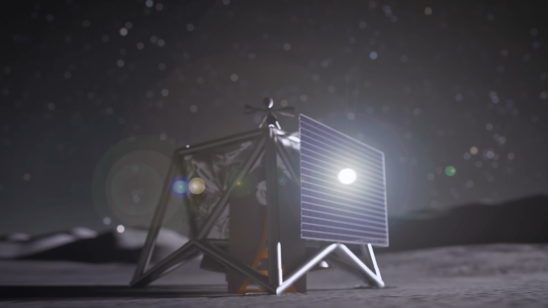 a cube-shaped vehicle soars above a dusty grey surface dotted with craters