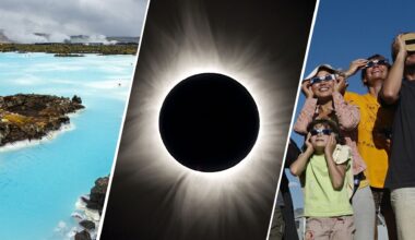 three panel image on the left is a blue lagoon in iceland, middle is a total solar eclipse and on the right is a group of people wearing eclipse glasses and smiling.