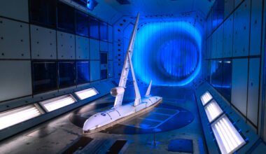 A scale model of a subsonic aircraft is tested inside a wind tunnel.
