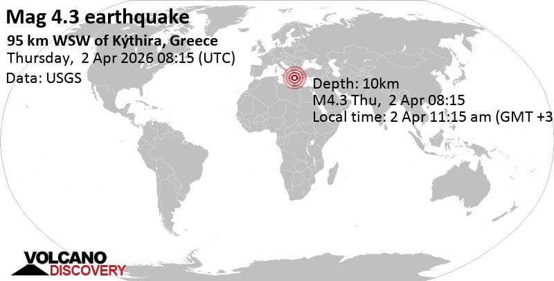 4.3 quake Ionian Sea, 99 km southwest of Cythera Island, Nomos Attikis, Attica, Greece, Apr 2, 2026 09:15 am (GMT +1)