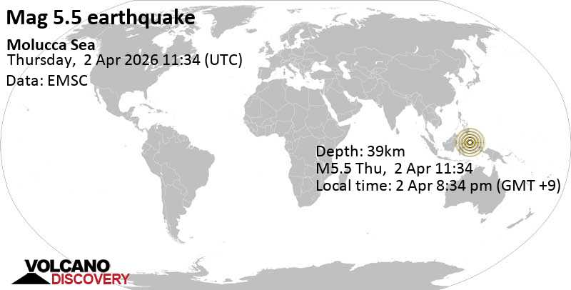 5.5 quake Maluku Sea, 9.3 km north of Pulau Mayu Island, North Maluku, Indonesia, Apr 2, 2026 08:34 pm (Jayapura time)