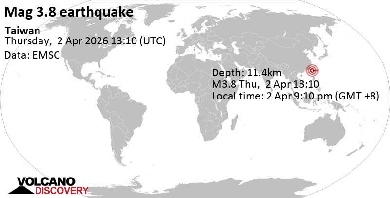 3.8 quake 24 km southeast of Xinying, Taiwan, Apr 2, 2026 09:10 pm (GMT +8)