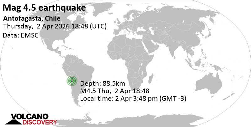 4.5 quake 52 km northeast of Calama, Provincia de El Loa, Region de Antofagasta, Chile, Apr 2, 2026 03:48 pm (Santiago time)