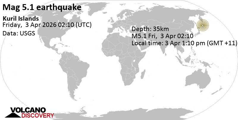 5.1 quake North Pacific Ocean, 56 km southeast of Ostrov Ketoy Island, Sakhalin Oblast, Russia, Apr 3, 2026 01:10 pm (GMT +11)