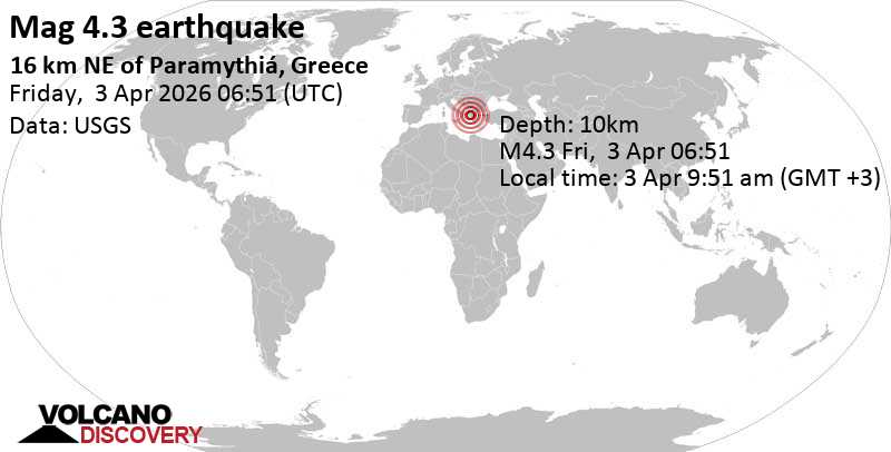 4.3 quake 21 km southwest of Ioannina, Ioannina, Epirus, Greece, Apr 3, 2026 09:51 am (Athens time)