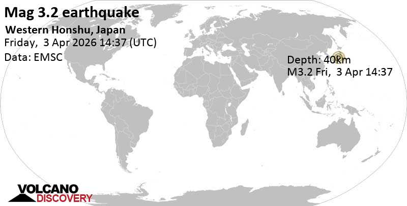 3.2 quake 13 km east of Gifu, Gifu, Japan, Apr 3, 2026 11:37 pm (GMT +9)