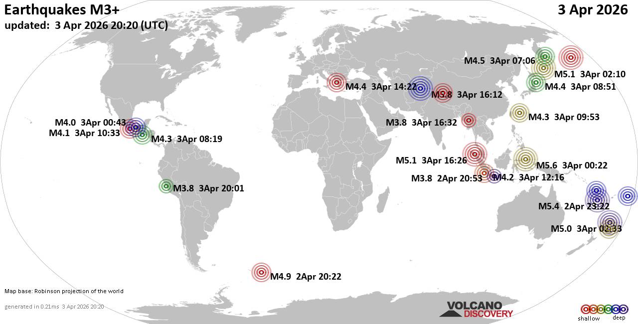 Worldwide earthquakes above magnitude 3 during the past 24 hours on 3 Apr 2026