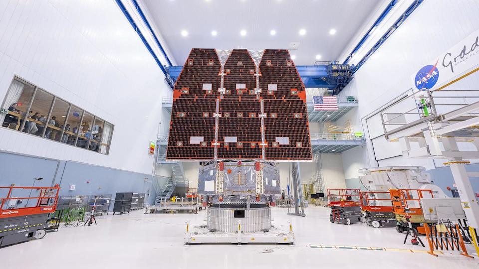 The Roman telescope, sitting inside a white NASA hangar