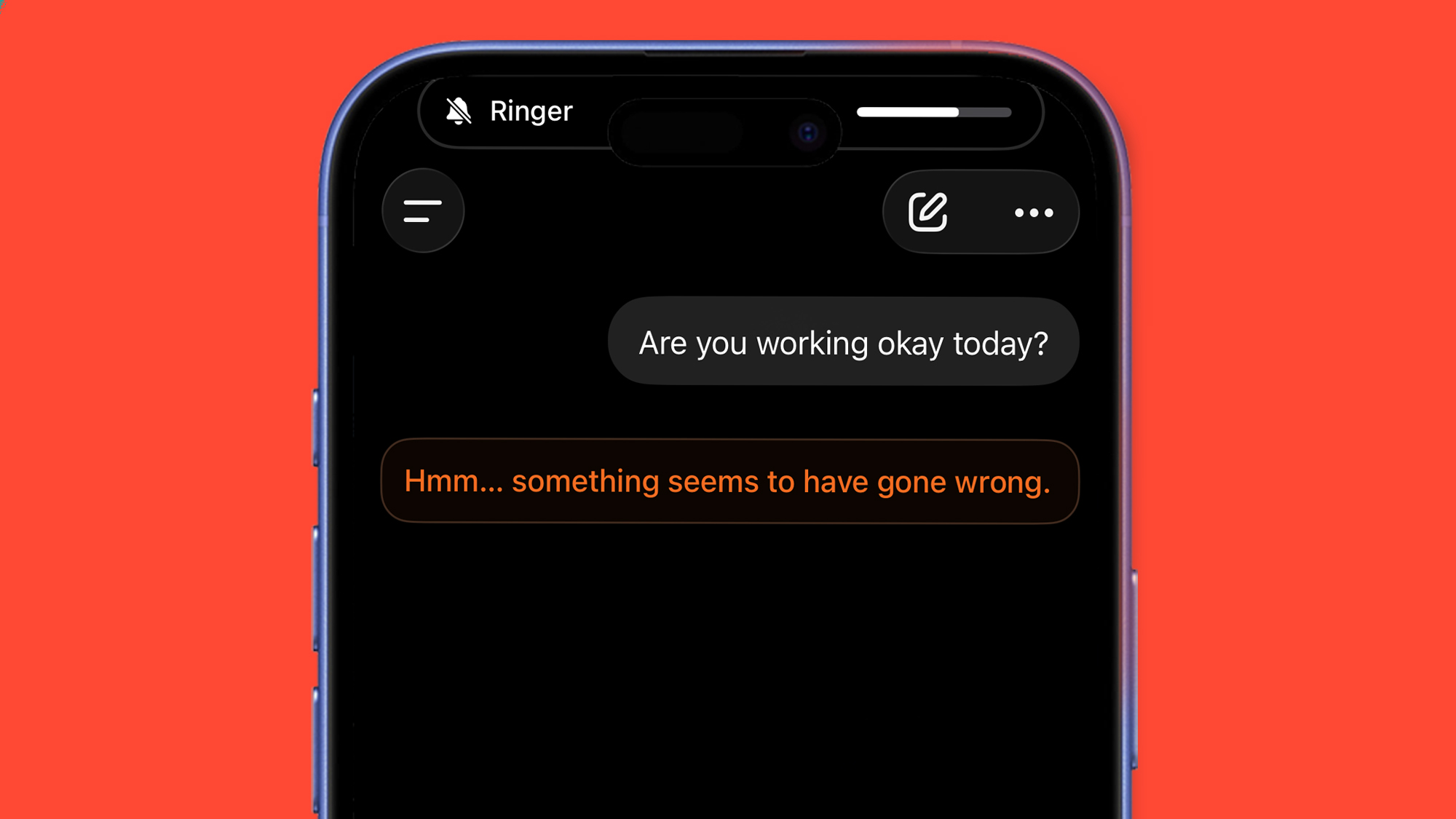 An iPhone on a red background showing an error message in the ChatGPT app