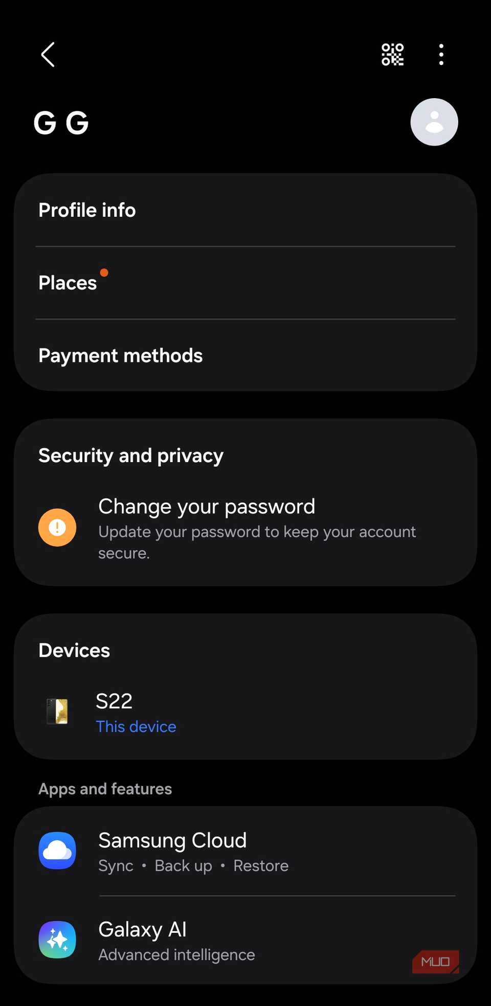 Samsung account settings on Galaxy phone