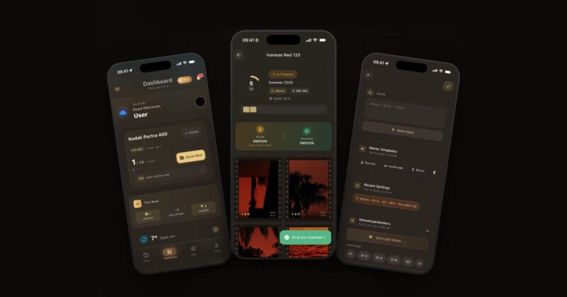 Three smartphones display a photography app with a dark theme, showing a dashboard, camera settings, film information, editing tools, and image previews on black backgrounds.