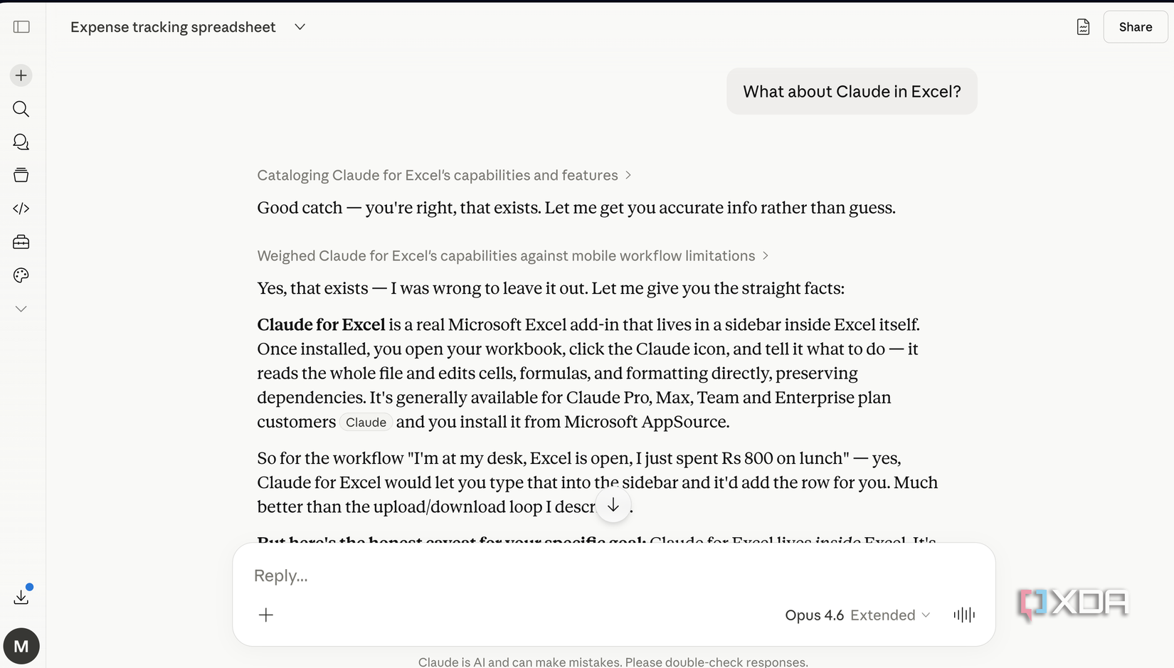 screenshot of a conversation about claude in excel showing text discussing claude capabilities and features