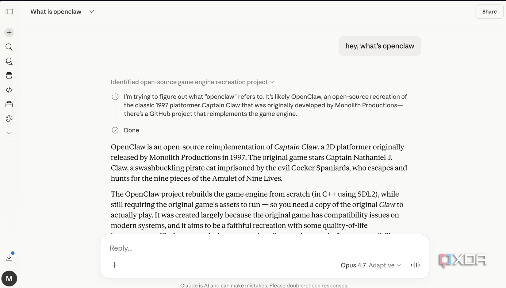 screenshot of a question and answer interface about openclaw with text explaining it is an open source game engine recreation project