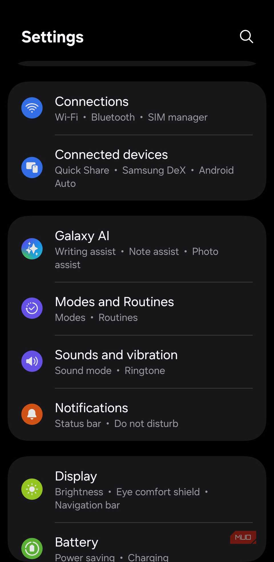 Settings on Samsung phone
