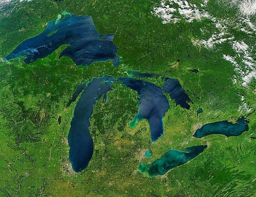 The Great Lakes: Superior (top left), Michigan (left), Huron (center), Erie (bottom right), and Ontario (far right).