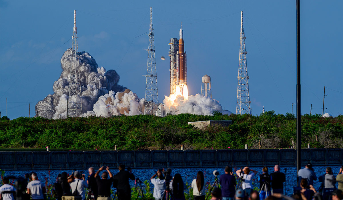 A NASA Space Launch System (SLS) with the Orion spacecraft carrying the Artemis II astronauts lifts off from Launch Complex 39B (LC-39B) at NASA's Kennedy Space Center, Florida. Pic: Shutterstock