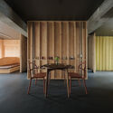 © Shotaro Kaide Six-Grid House in Osaka / Atelier 405 - Interior Photography, Dining room, Wood, Lighting, Table, Chair
