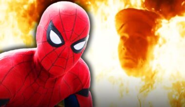 MCU Spider-Man with Jimmy from Spider-Noir in flames.