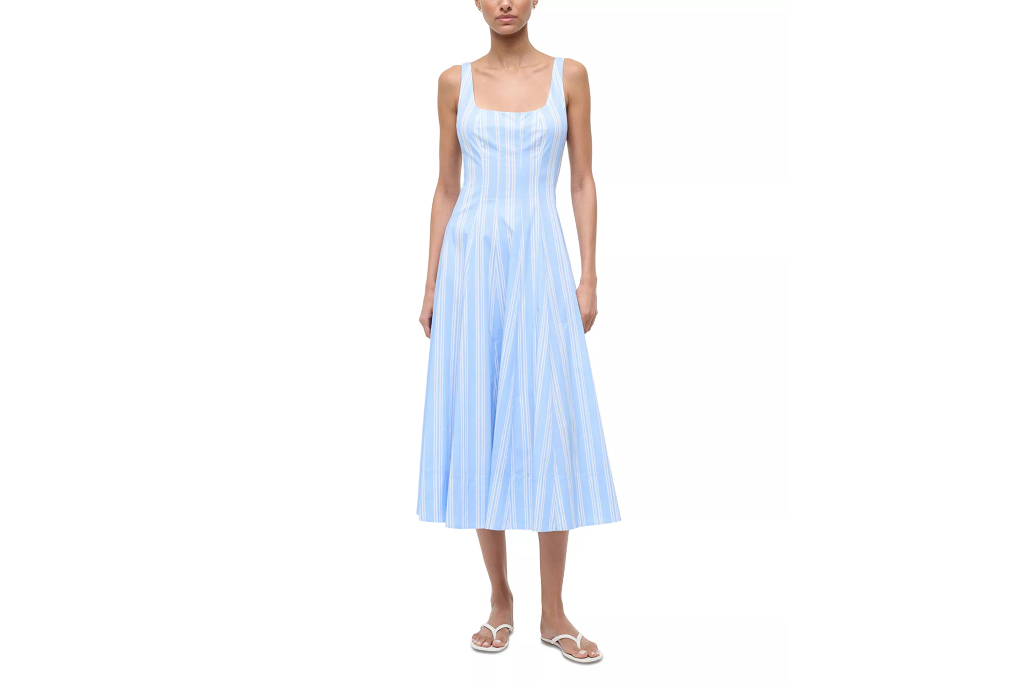 Model wearing a blue and white striped midi dress.