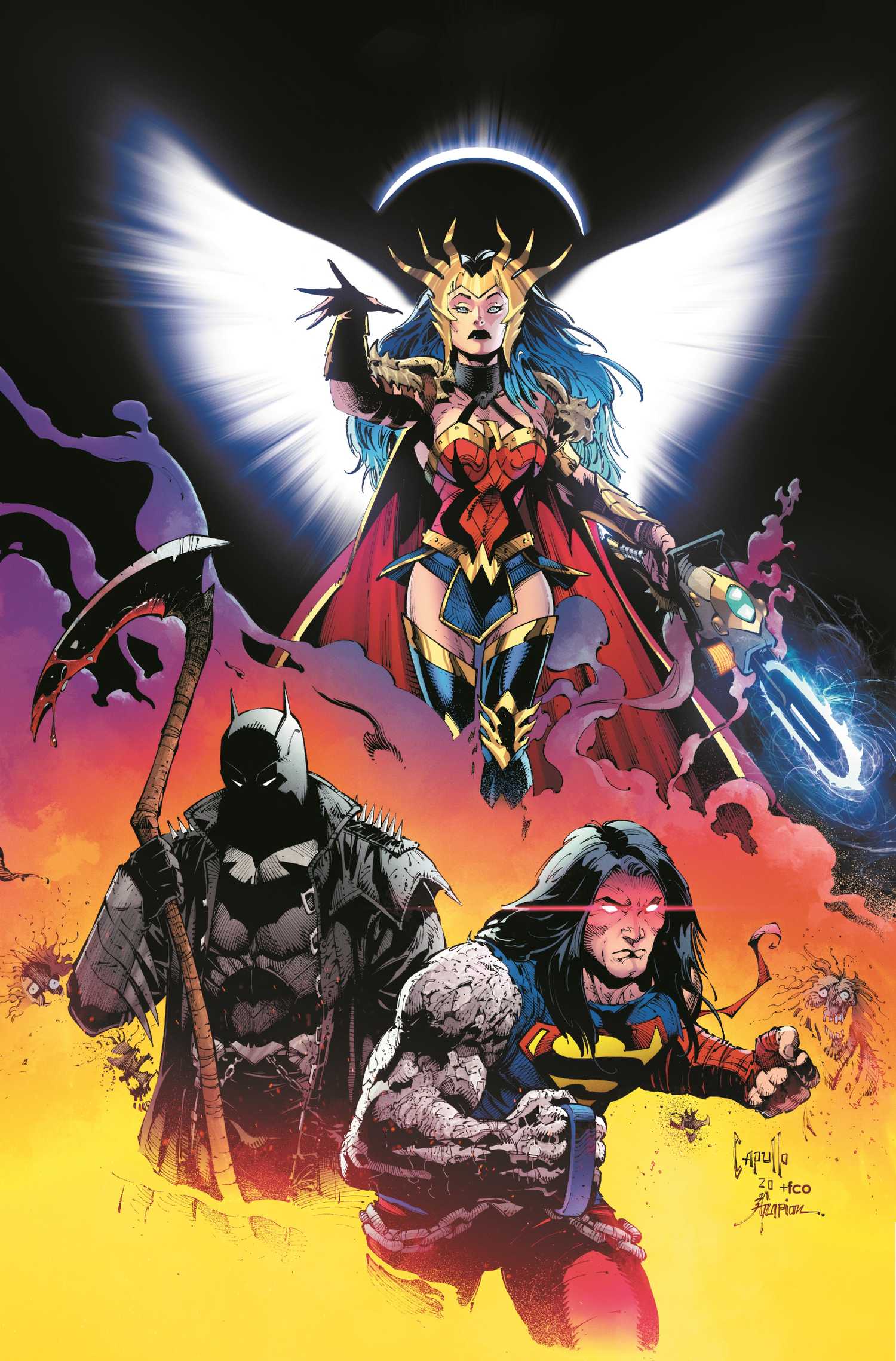 A crowned Wonder Woman splays spectral white wings, Batman brandishes a scythe, and Superman gets his own post apocalyptic look in promo art for Dark Nights: Death Metal, DC Comics