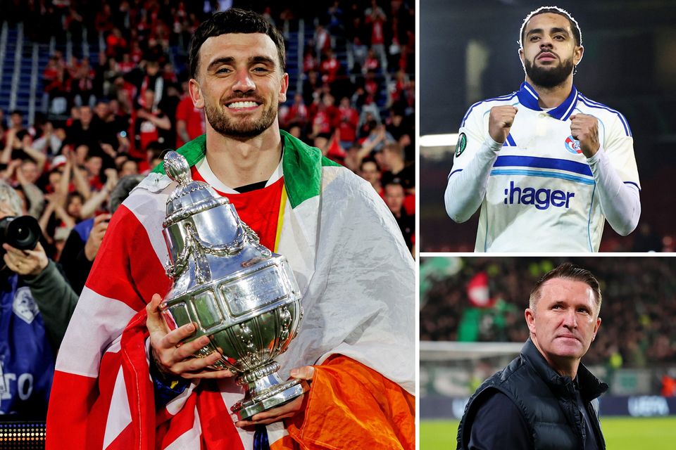 Troy Parrott cradles the Dutch Cup trophy, but Andrew Omobamidele (Strasbourg) and Robbie Keane (Ferencvaros) are both hoping to finish the season with silverware. Photo: Getty