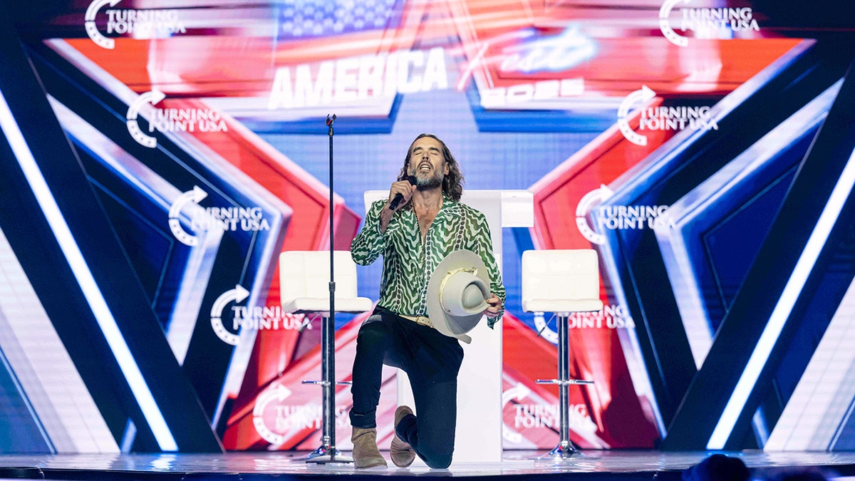 Russell Brand speaking at Turning Point USA's AmericaFest event in Phoenix